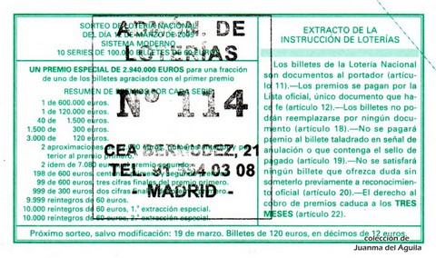 Reverso décimo de Lotería 2005 / 20