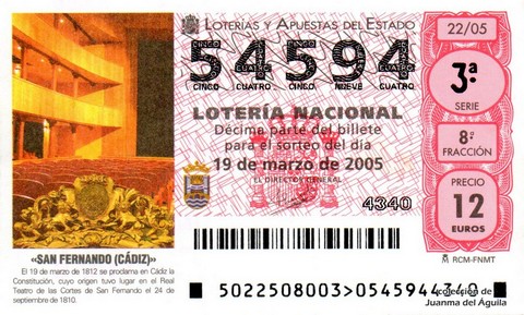 Décimo de Lotería Nacional de 2005 Sorteo 22 - «SAN FERNANDO (CÁDIZ)»