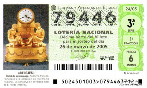 Décimo de Lotería Nacional de 2005 Sorteo 24 - «RELOJES»