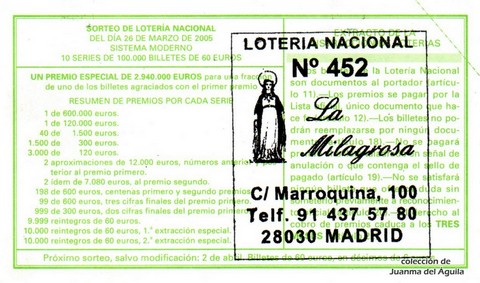 Reverso del décimo de Lotería Nacional de 2005 Sorteo 24