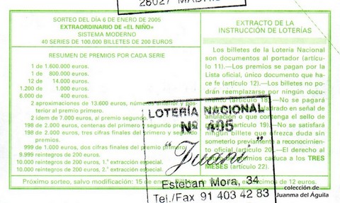 Reverso del décimo de Lotería Nacional de 2005 Sorteo 2