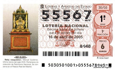 Décimo de Lotería Nacional de 2005 Sorteo 30 - «RELOJES»