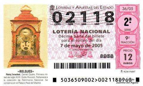 Décimo de Lotería Nacional de 2005 Sorteo 36 - «RELOJES»