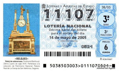 Décimo de Lotería Nacional de 2005 Sorteo 38 - «RELOJES»