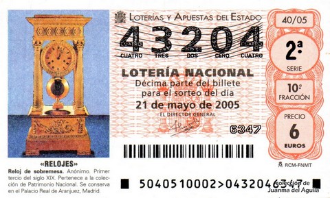 Décimo de Lotería Nacional de 2005 Sorteo 40 - «RELOJES»