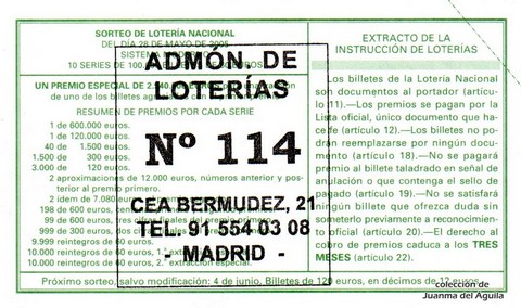 Reverso del décimo de Lotería Nacional de 2005 Sorteo 42