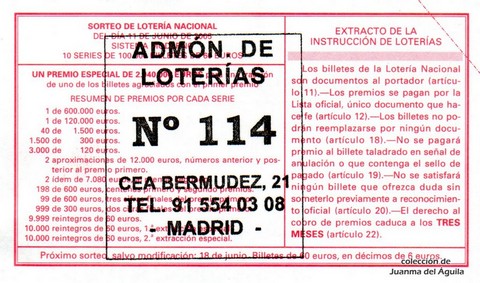Reverso del décimo de Lotería Nacional de 2005 Sorteo 46