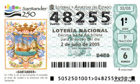Décimo de Lotería Nacional de 2005 Sorteo 52 - «SANTANDER»
