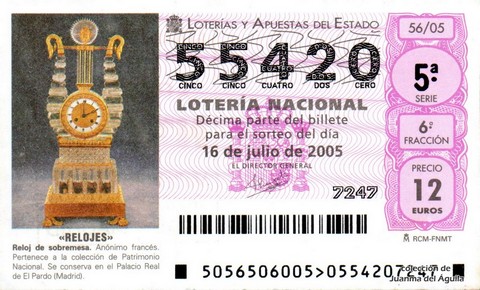 Décimo de Lotería Nacional de 2005 Sorteo 56 - «RELOJES»