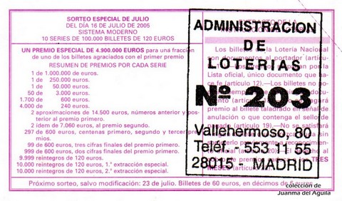 Reverso del décimo de Lotería Nacional de 2005 Sorteo 56