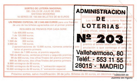 Reverso del décimo de Lotería Nacional de 2005 Sorteo 58