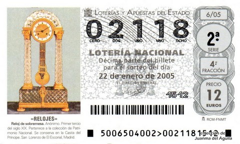Décimo de Lotería Nacional de 2005 Sorteo 6 - «RELOJES»