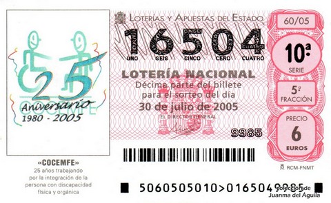 Décimo de Lotería Nacional de 2005 Sorteo 60 - «COCEMFE»