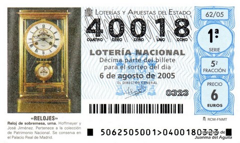 Décimo de Lotería Nacional de 2005 Sorteo 62 - «RELOJES»