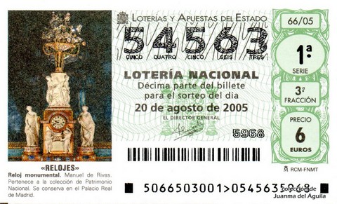 Décimo de Lotería Nacional de 2005 Sorteo 66 - «RELOJES»