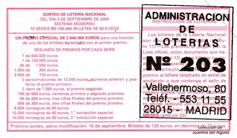 Reverso décimo de Lotería 2005 / 70