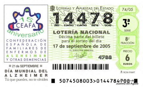 Décimo de Lotería Nacional de 2005 Sorteo 74 - «21 de SEPTIEMBRE» DÍA MUNDIAL DEL ALZHEIMER