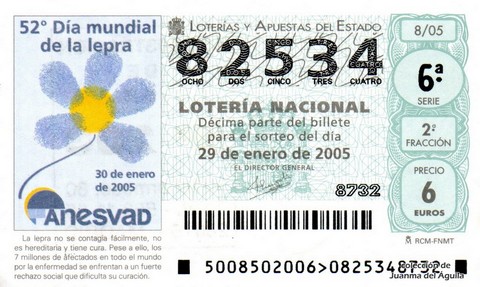 Décimo de Lotería Nacional de 2005 Sorteo 8 - 52º Día mundial de la lepra