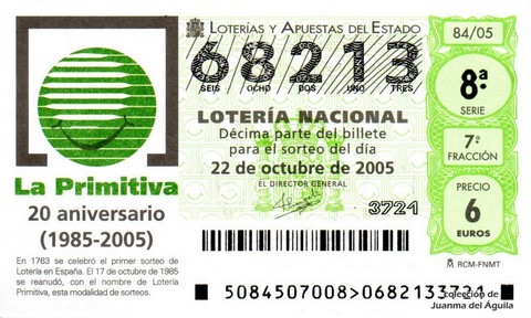 Décimo de Lotería Nacional de 2005 Sorteo 84 - «La Primitiva» 20 aniversario (1985-2005)