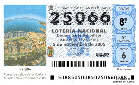 Décimo de Lotería Nacional de 2005 Sorteo 88 - «VIGO»