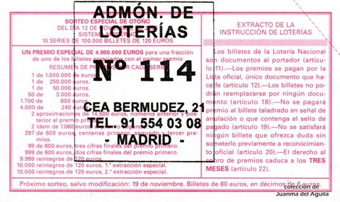 Reverso del décimo de Lotería Nacional de 2005 Sorteo 90