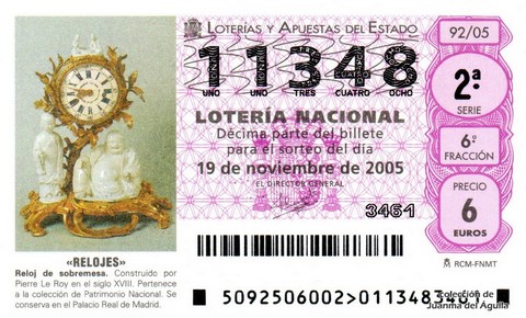 Décimo de Lotería Nacional de 2005 Sorteo 92 - «RELOJES»