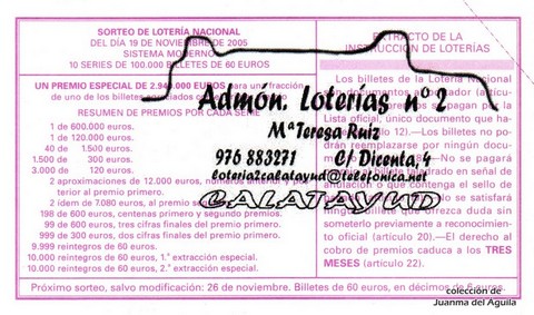 Reverso décimo de Lotería 2005 / 92