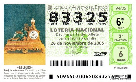 Décimo de Lotería Nacional de 2005 Sorteo 94 - «RELOJES»