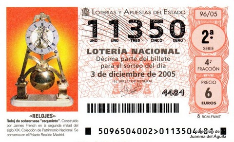 Décimo de Lotería Nacional de 2005 Sorteo 96 - «RELOJES»
