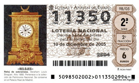 Décimo de Lotería Nacional de 2005 Sorteo 98 - «RELOJES»