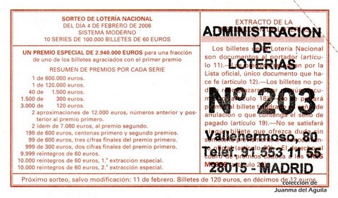 Reverso del décimo de Lotería Nacional de 2006 Sorteo 10