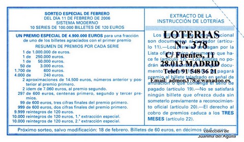 Reverso del décimo de Lotería Nacional de 2006 Sorteo 12