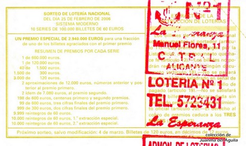 Reverso décimo de Lotería 2006 / 16
