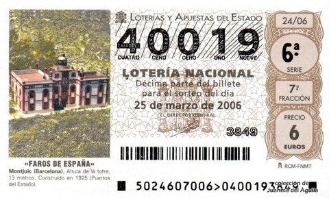 Décimo de Lotería Nacional de 2006 Sorteo 24 - «FAROS DE ESPAÑA»