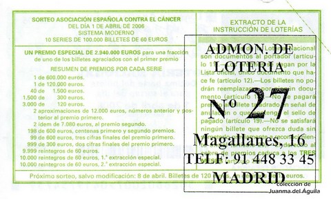 Reverso del décimo de Lotería Nacional de 2006 Sorteo 26