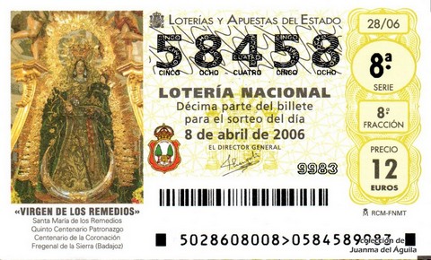 Décimo de Lotería Nacional de 2006 Sorteo 28 - «VIRGEN DE LOS REMEDIOS»