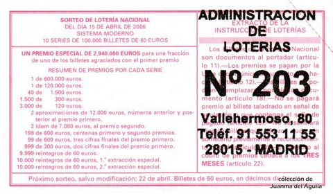 Reverso del décimo de Lotería Nacional de 2006 Sorteo 30
