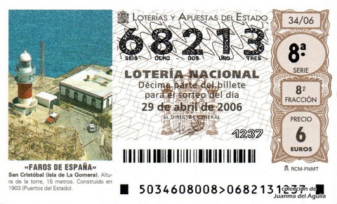 Décimo de Lotería Nacional de 2006 Sorteo 34 - «FAROS DE ESPAÑA»