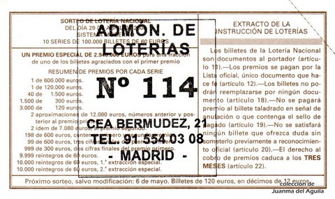 Reverso del décimo de Lotería Nacional de 2006 Sorteo 34