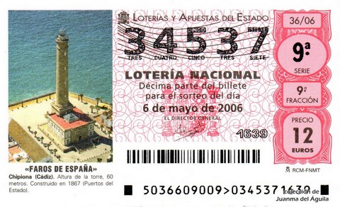 Décimo de Lotería Nacional de 2006 Sorteo 36 - «FAROS DE ESPAÑA»