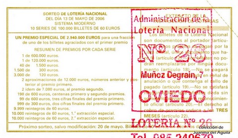 Reverso del décimo de Lotería Nacional de 2006 Sorteo 38