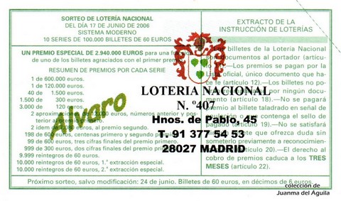 Reverso décimo de Lotería 2006 / 48