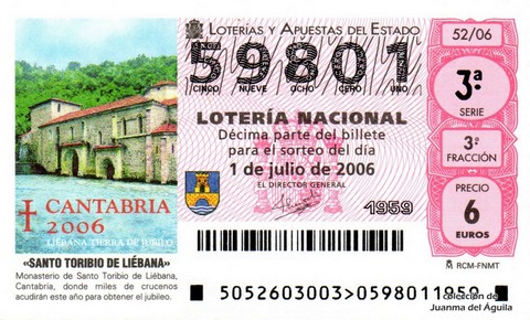 Décimo de Lotería Nacional de 2006 Sorteo 52 - «SANTO TORIBIO DE LIÉBANA»