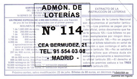 Reverso del décimo de Lotería Nacional de 2006 Sorteo 56