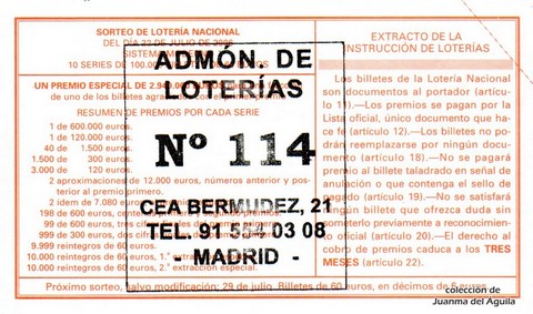 Reverso del décimo de Lotería Nacional de 2006 Sorteo 58