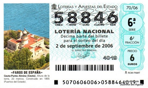 Décimo de Lotería Nacional de 2006 Sorteo 70 - «FAROS DE ESPAÑA»