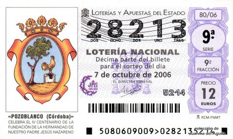 Décimo de Lotería Nacional de 2006 Sorteo 80 - «POZOBLANCO (Córdoba)»