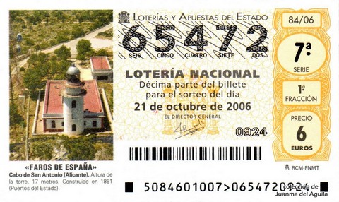 Décimo de Lotería Nacional de 2006 Sorteo 84 - «FAROS DE ESPAÑA»