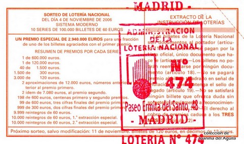 Reverso décimo de Lotería 2006 / 88