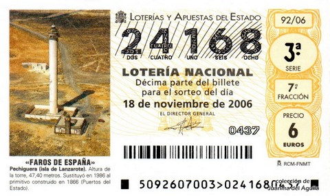 Décimo de Lotería Nacional de 2006 Sorteo 92 - «FAROS DE ESPAÑA»